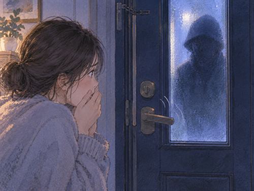 夜の玄関で動くドアノブと外に見える人影
