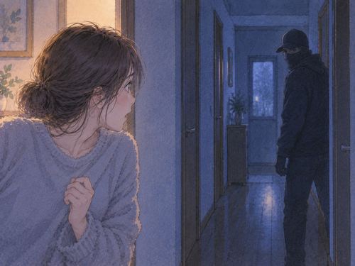 夜の廊下で強盗の人影と鉢合わせする場面
