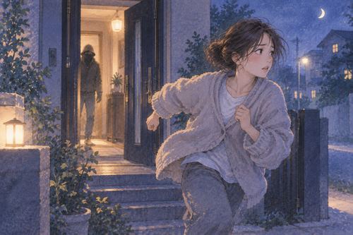 夜の家から外へ逃げる人物と遠くの人影