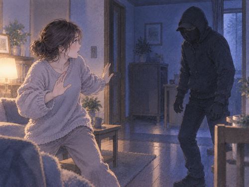 家の中で強盗と距離を取り対峙する人物