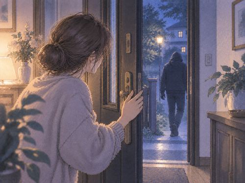 玄関の外へ去る強盗の人影と閉じかけた扉