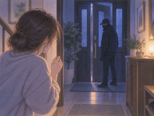 逃げ道を失い立ち止まる強盗と距離を取る人物