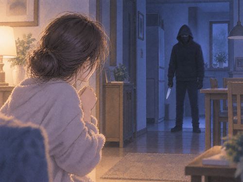 離れた位置に包丁を持つ強盗の人影がいる室内