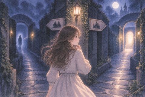 ゲームのような迷路で進む道を選ぶ女性