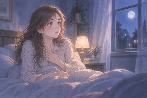 怖い夢から目覚めて胸元に手を置く女性