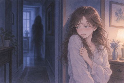 不気味な影から距離を取って顔をそむける女性