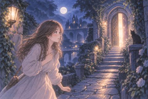 不思議な夜道を怖がりながら楽しそうに進む女性