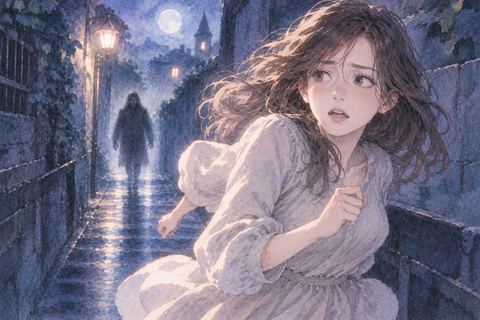 夜道で遠くの不気味な影から逃げる女性