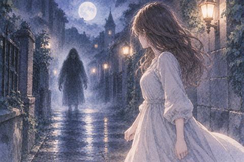 不気味な影に向き直って立つ女性