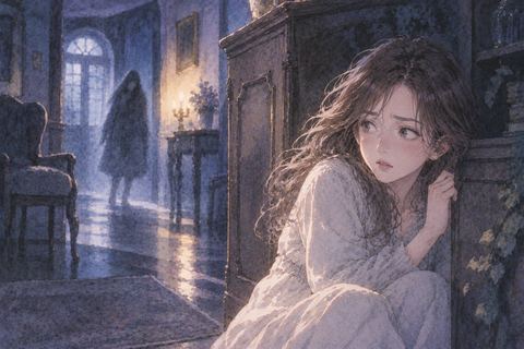 物陰に身を寄せて不気味な影をやり過ごす女性