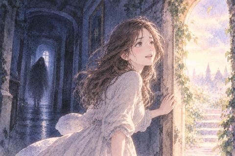 怖い場所を抜けて明るい出口に立つ女性