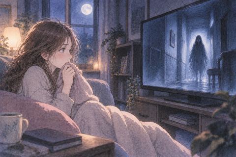 暗い部屋でホラー映画の画面を見つめる女性
