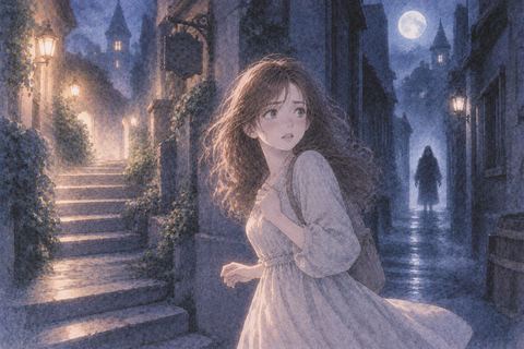 映画のような不思議な夜の世界に立つ女性