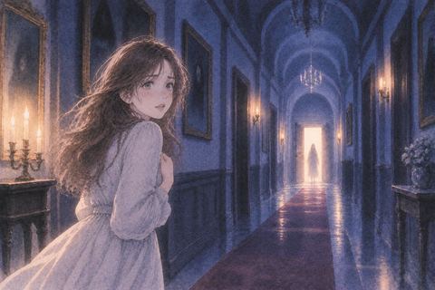 映画のような夜の廊下で物語の先を見る女性