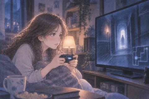 夜の部屋でホラーゲームを操作する女性