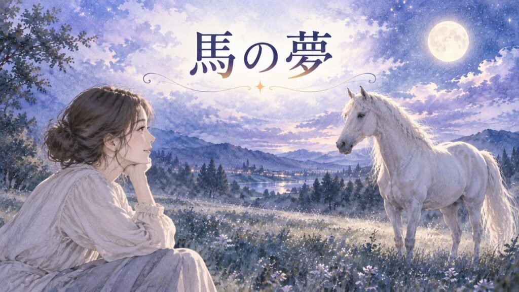 月明かりの草原で馬を見つめる大人の女性