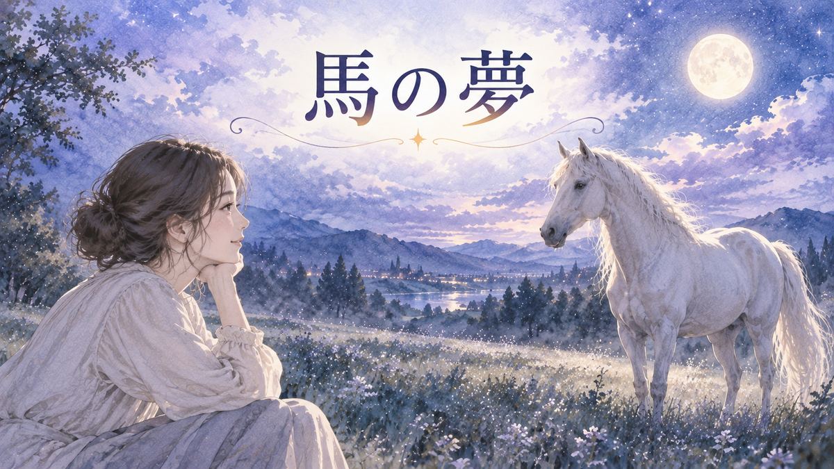 月明かりの草原で馬を見つめる大人の女性
