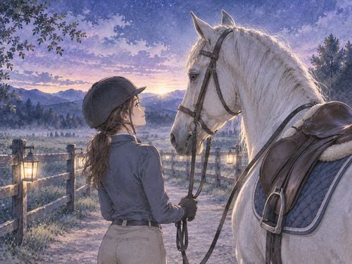 乗馬道で鞍を付けた馬と並ぶ成人女性