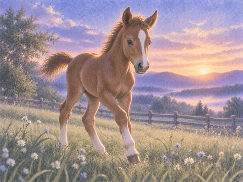草の上を元気に歩く小さな子馬