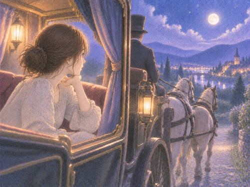 夜道を進む馬車に乗る女性