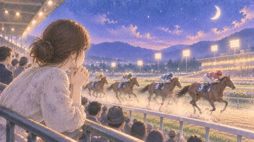 観客席から競走馬を見守る女性