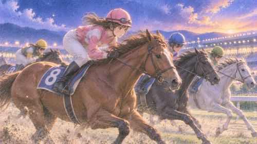 競走馬に乗ってレースを走る女性騎手