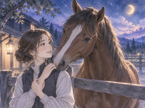 女性へ親しげに顔を寄せる馬