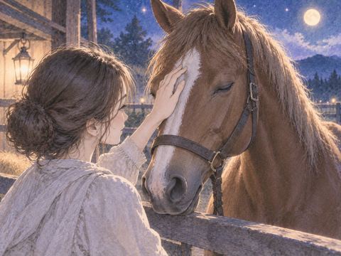 馬の額を優しく撫でる女性の手
