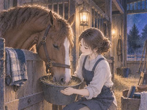 厩舎で馬に餌を与える女性