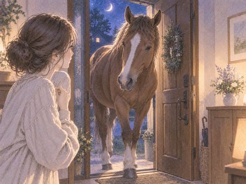 開いた玄関から家へ入ってくる馬