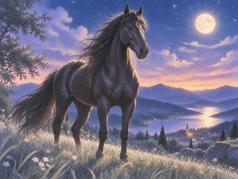 淡い光の中に立つ黒い馬