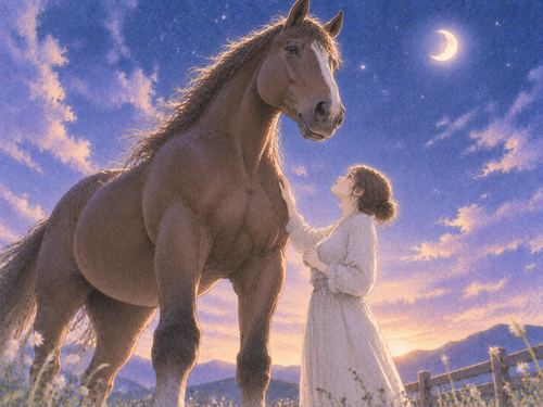 見上げるほど大きな馬と女性