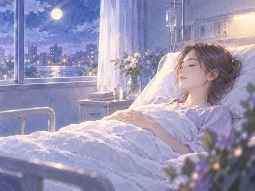 静かな病室のベッドで休む大人の女性