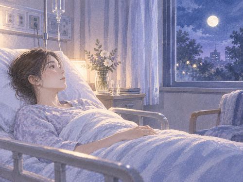 病室で静かに横になり考え込む大人の女性