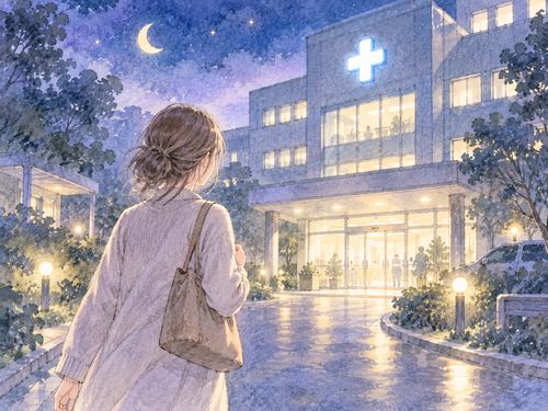夜の病院入口へ歩いて向かう女性