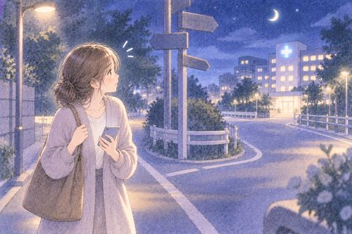 夜道で病院を探して迷う女性