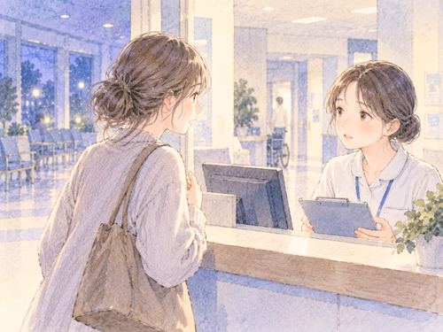 病院の受付で用件を伝える女性