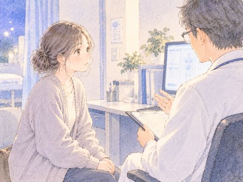診察室で医師の話を聞く女性
