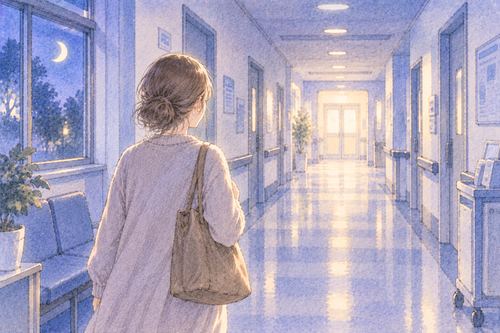 長い病院の廊下を歩く女性