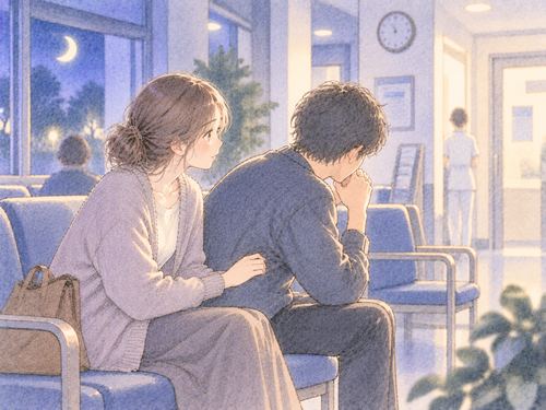 病院で家族に穏やかに付き添う女性