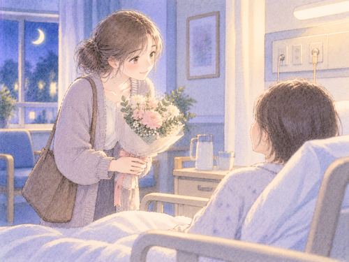 花を手に病室を訪ねる女性