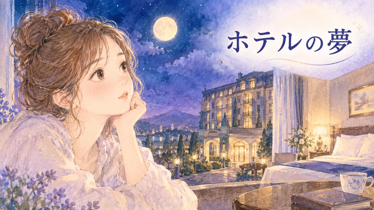 夜のホテルを見つめる大人の女性と月明かりの客室