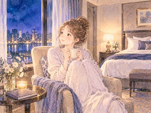 夜のホテルの客室でくつろぐ女性