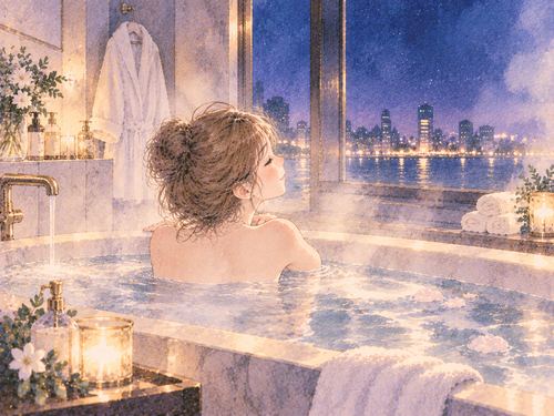 ホテルのお風呂で湯気に包まれて休む女性