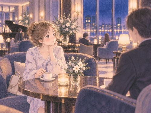 ホテルのラウンジにいる女性と知らない人物