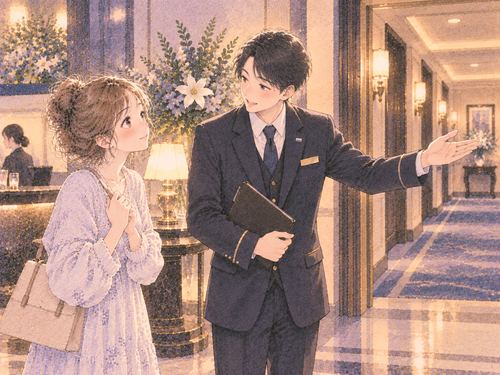 ホテルマンに客室の方向を案内される女性