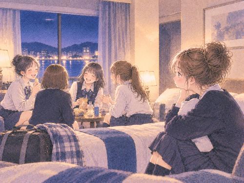 修学旅行のホテルで友人たちと過ごす学生