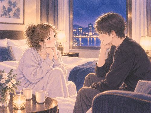 落ち着いたホテルの室内で向き合う二人