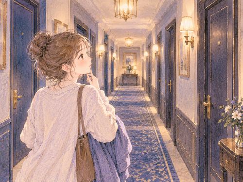 ホテルの廊下で客室を探す女性