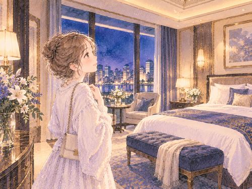 豪華なホテルの客室を眺める女性